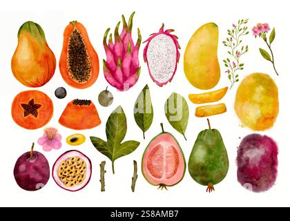 Ein lebendiges und farbenfrohes Sortiment tropischer Früchte mit komplexen Details und organischen Elementen. Isolierte Aquarellgrafik auf weißem Hintergrund für verschiedene Designs und Drucke. Stockfoto