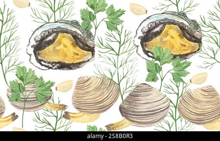 Abalone, Venusmuscheln mit Dill, Petersilie und Knoblauch nahtlose Grenze isoliert auf weiß. Hochwertige handgezeichnete ClipArt für Fischmarkt, Kochbuch Stockfoto