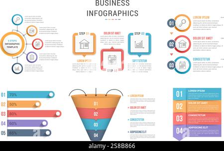 Sechs Infografikvorlagen für Web, Business, Präsentationen – Schritte, Optionen, Trichterdiagramm, Balkendiagramm, Vektor-eps10-Illustration Stock Vektor