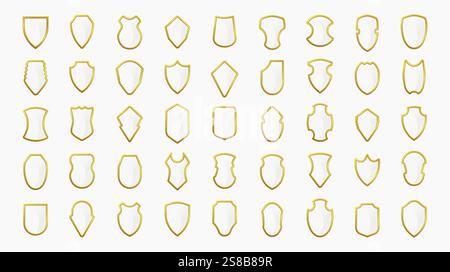 Elegante Kollektion von Schildsymbolen mit goldenen Akzenten auf einem sauberen weißen Hintergrund. Ideal für Logos, heraldische Symbole und Sicherheitsthemen in Branding o Stock Vektor