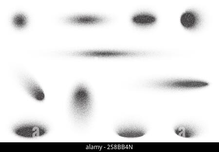 Kreisförmige Schatten mit körnigem Effekt auf weißem Hintergrund. Vektorverlauf verrauschte runde Schwarztöne. Set gepunktete ovale Formen. Strukturierte dunkle Elemente mit Stock Vektor