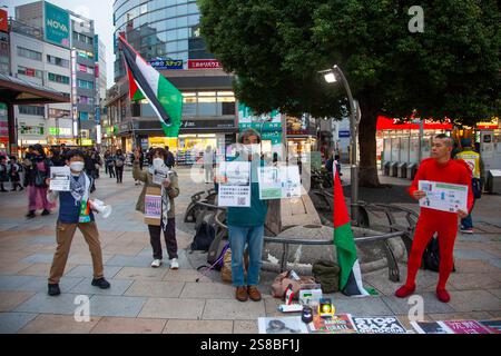 Demonstranten zur Unterstützung des palästinensischen Volkes in Gaza und für den Boykott israelischer Produkte in Akabane, Tokio, Japan. Stockfoto