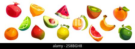 Sommerfruchensammlung mit Zitrusscheiben, reifem Granatapfel, saftiger Wassermelone, frischer Avocado, gelber Zitrone, goldene Banane, süßer Pfirsich und tropische Kiwi-Stücke für saisonale gesunde Speisen. Stock Vektor