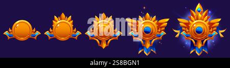 Abzeichen für Spielrangliste, die isoliert auf Hintergrund gesetzt werden. Vektor-Zeichentrickgrafik von runden goldenen Medaillen verziert mit blauen Edelsteinen und Bändern, glühendem Level-Fortschrittssymbol, militärischen Insignien, Siegertrophäe Stock Vektor