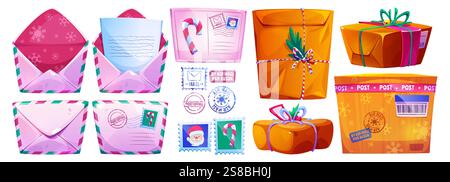 Zeichentrick-Weihnachtspost-Sammlung - rosafarbene Umschläge mit Schneeflockenmuster, braune Paketboxen, festliche Briefmarken, versiegelte Briefe, Luftpoststempel für die Zustellung im Winter Stock Vektor