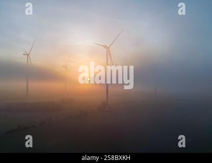 Sieversdorf, Deutschland. Januar 2025. Der Sonnenaufgang scheint nur schwach durch den dichten Morgennebel zwischen Windrädern im Osten Brandenburgs (Luftaufnahme mit einer Drohne). Quelle: Patrick Pleul/dpa/Alamy Live News Stockfoto