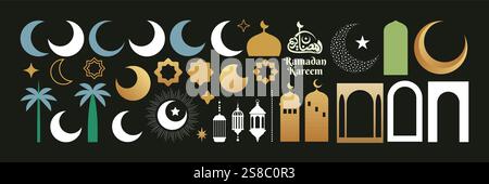 Ramadan Kareem Vector Elements Kollektion, Set von Halbmonden, Sternen, Moschee, Fenstern, Tür, Laterne, Palme, arabische Kalligraphie. Stock Vektor
