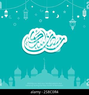 Ramadan Kareem Arabische Kalligraphie-Banner, Poster, Grußkarte, Cover-Design mit hängenden Laternen, Mondsichel, Sternen und Moschee-Silhouette. Stock Vektor
