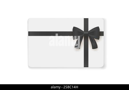 Leere Geschenkkarte mit schwarzem Seidenband und Satinschleife. Vektoreinladungskonzept. Realistisches Modell. Stock Vektor