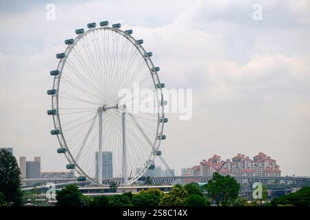 Singapore Flyer und Skyline in der Abenddämmerung, Touristenattraktion, internationales Reiseziel Stockfoto