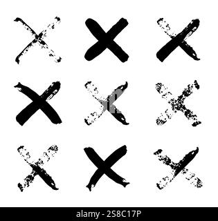 Pinselstriche kreuzen x. Schmutzige Grunge Hand gezeichnete Vektor-Kreuz-Markierung. Stock Vektor