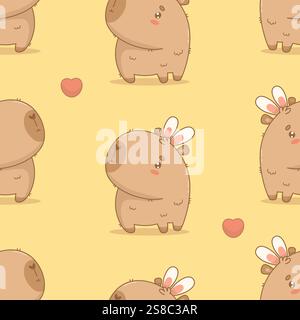 Nahtloses Muster. Süße ruhige Ostern Capybara mit Hasenohren auf gelbem Hintergrund. Hintergrund der Kawaii-Zeichentrickfigur. Vektorabbildung. Kinder Stock Vektor
