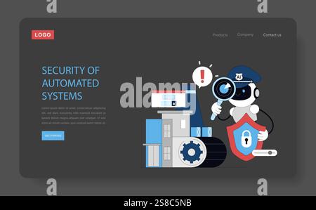Konzept der Automatisierung der Cybersicherheit. AI-Roboter mit Lupe und Schirm sorgt für Datenschutz. Sicheres Anmeldesystem und Werkseinstellungen. Vektorabbildung. Stock Vektor