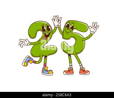 Groovige 25 mathematische Zahlenzeichen. Mathematik numerisches Symbol Vintage Cartoon nettes Maskottchen oder Geburtstagsfeier Ziffer Retro Vektor Personage. Schulmathematik-Nummer-grooviger, lustiger Charakter Stock Vektor