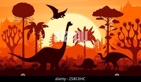 Prähistorische Dinosaurier Silhouetten im tropischen Dschungel Wald Sonnenuntergang Landschaft Vektor Hintergrund. Jurassic Brachiosaurus, Probactrosaurus, Tapejara und Doedicurus Dinosaurier Tiere und Baumsilhouetten Stock Vektor