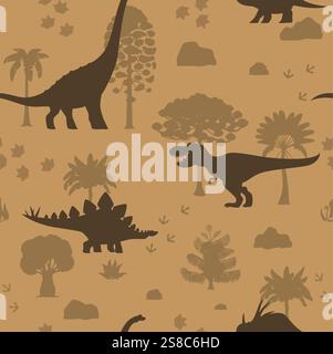 Prähistorische Dinosaurier nahtloses Muster. Jurassischer Dinos-Vektor-Hintergrund mit Silhouetten von tyrannosaurus rex, Stegosaurus, Styracosaurus und Titanosauria. Dinosaurier, Palmen, Fußabdrücke Stock Vektor
