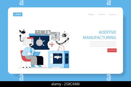 Produktionsautomatisierungskonzept. Ein Techniker überwacht 3D-Druckprozesse mit Roboterunterstützung. Fortschrittliche Fertigungstechnologie, digitale Transformation. Vektorabbildung. Stock Vektor