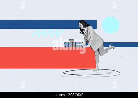 3D-Fotocollage Vorlage Trend-Artwork Composite aus Beruf Vakanz Arbeitsplatz Unternehmer Unternehmen ältere Frau Arbeit Laptop Fernbedienung Stockfoto