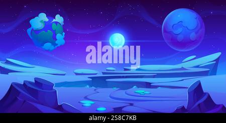 Gefrorenes Eis blauer Raum Planet Landschaft Cartoon Hintergrund, Vektorspiel UI. Fantasy-blauer Planet und bewölkte Satelliten der Galaxie des Alien Universums mit Eisoberfläche, Felsen und Bergen. Hintergrund des Weltraumspiels Stock Vektor