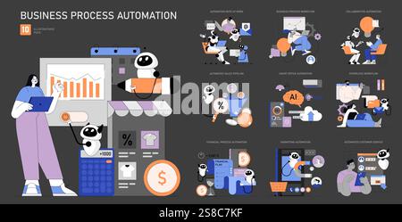 Business Process Automation festgelegt. Optimierte Workflows mit Roboterhelfern. Effizienz in den Bereichen Finanzen, Vertrieb und Kundenservice. Vektorabbildung. Stock Vektor