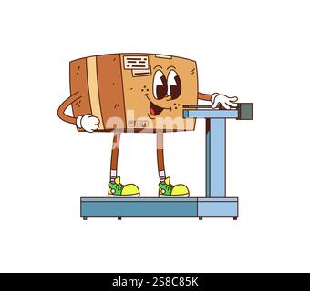 Cartoon groovige Lieferung Karton Charakter Gewicht. Isolierte Vektor-lustige Paket-Retro-Persönlichkeit, die auf Waage mit lächelndem Gesicht steht. Freundliches Frachtpaket, das für den Post- oder Postversand bereit ist Stock Vektor