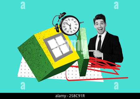 3D Collage Poster Vorlage Trend Kunstwerk Skizze des jungen Mannes Lächeln Arbeiter Finger Point Miete Hypotheken Immobilien Uhr Zeit Deadline Stockfoto