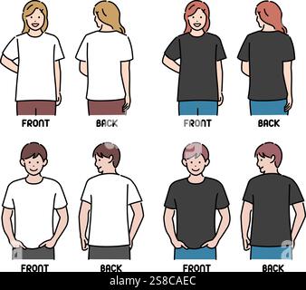 Vektor Illustration Set von Männern und Frauen mit kurzärmligen T-Shirts ( weiß | schwarz ) Stock Vektor