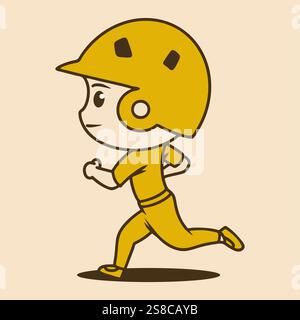 Baseball-Chibi-Maskottchen mit Helm in Laufposition in gelben Retro-Farben Stock Vektor