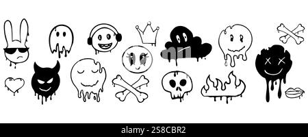 Graffiti-Gangster-Tattooelemente, Farbspritzer, nahtlose Borten sprühen. Herzgesicht, Schädelset. Doodle Gunge groovige Druckkrone, Kirsche, Gruselset,. Vektorabbildung Stock Vektor