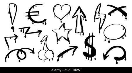 Graffiti Gangster Tattoo Elemente, Farbspritzer, Spray. Herzgesicht, Schädelset. Doodle Gunge groovige Druckkrone, Kirsche, Gruselset,. Vektorabbildung Stock Vektor