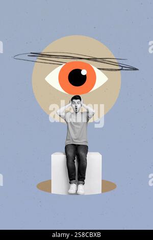 Composite 3D Foto Collage Design Trend Skizze von jungen Mann schockiert Emoji Gesicht starren riesige Auge Auge Auge Auge Blick Blick Blick Freimaurerei Flucht Stockfoto