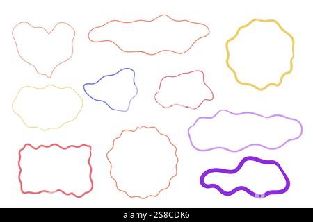 Zick-Zack-Rahmen-Rahmen-Squiggle, welliges Set, unterstrichener Pinselstrich gekrümmte Kanten handgezeichnet leeres Tett-Feld. Sprechblase-Abzeichen gezackte abstrakte Form. Vektorabbildung Stock Vektor