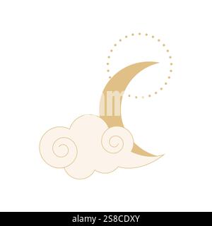 Himmlische Hexe spirituelle Dekoration mit asiatischen Wolken Mond, Sonnenaufgang. Linienastrologieelement, minimaler geometrischer Hintergrund. Vektorabbildung Stock Vektor