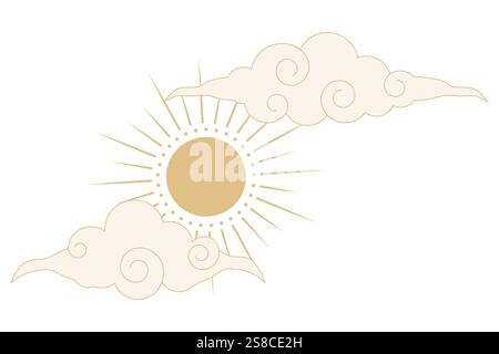 Himmlische Hexe spirituelle Dekoration mit asiatischen Wolken Mond, Sonnenaufgang. Linienastrologieelement, minimaler geometrischer Hintergrund. Vektorabbildung Stock Vektor