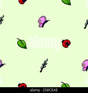 Leuchtendes nahtloses Frühlingsmuster mit Elementen der Natur. Vektorhintergrund für Dekoration, Druck, Geschenkpapier Stock Vektor