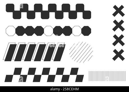 Y2K geometrische Elemente Rahmenset, Schrägstrich, Gittermuster. Groovige Cyber-Retro-Designelemente. . Vektorabbildung Stock Vektor