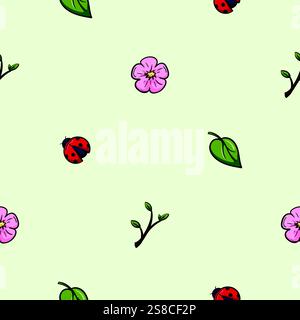 Helles nahtloses Frühlingsmuster mit Blumen, Marienkäfern und Pflanzen. Vektorhintergrund für Dekoration, Druck, Geschenkpapier Stock Vektor