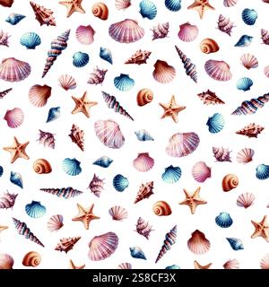 Schönes Muster mit Aquarell bemalten Muscheln, Schnecken und Seesternen auf weißem Hintergrund Stock Vektor
