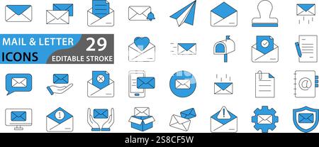 Symbolsatz für E-Mail und Brief. Satz von Symbolen für Post, E-Mail, Postbrief und andere. Vektorabbildung. Stock Vektor
