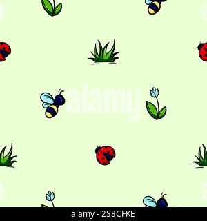 Helles nahtloses Frühlingsmuster mit Insekten, Gras und Blumen. Vektorhintergrund für Dekoration, Druck, Geschenkpapier Stock Vektor
