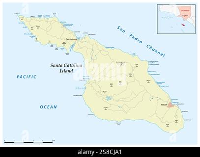 Detaillierte Karte der kalifornischen Insel Santa Catalina, USA Stockfoto