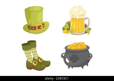 St. patrick's Day, Clip Art, Set, Hut, Bier und Klee, Schuhe mit Gamaschen und einem Topf Gold Stock Vektor