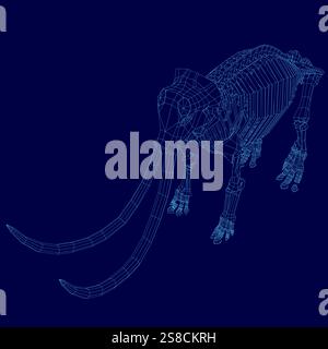 Blaues Bild eines Skeletts mit langem Stoßzähn. Das Bild zeigt ein großes Tier, möglicherweise ein Elefant oder ein Mammut, mit einem langen Stoßzähn Stock Vektor