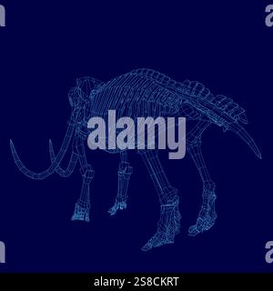 Blaues Bild eines skelettierten Elefanten. Das Skelett wird sehr detailliert und realistisch dargestellt, wobei die Knochen deutlich sichtbar sind. Konzept von Awe und Stock Vektor