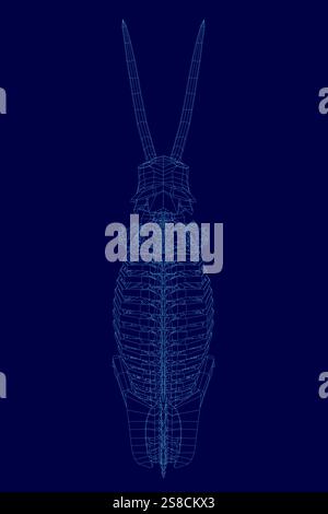 Blaues Bild eines skelettierten Elefanten. Das Skelett wird sehr detailliert und realistisch dargestellt, wobei die Knochen deutlich sichtbar sind. Konzept von Awe und Stock Vektor