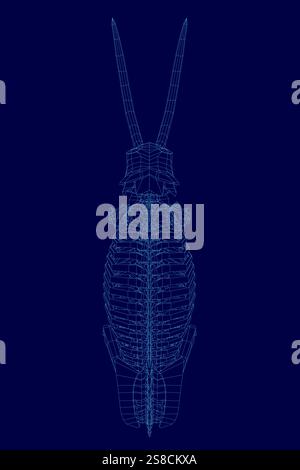 Blaues Bild eines skelettierten Elefanten. Das Skelett wird sehr detailliert und realistisch dargestellt, wobei die Knochen deutlich sichtbar sind. Konzept von Awe und Stock Vektor