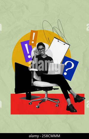 Composite 3D Foto Collage Design Trend Skizze von Mind eureka Startup Online Internet Technologie junge Dame Sit Sessel Clipboard Vermietung Stockfoto