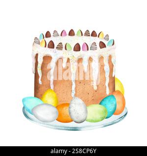 Ein Osterkuchen auf der Glasplatte. Blaue, gelbe, orange, grüne Eier. Osterferien-Clipart. Handgezeichnete Aquarellillustration Stockfoto