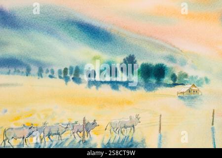 Aquarell Original Landschaftsmalerei viele Kuhherden in gelber Prärie und Berggrund. Stockfoto