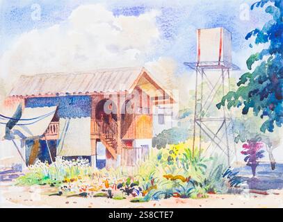 Aquarell Originalgemälde, Landschaftsgemälde, Aquarell Hintergrund, Blumen Malerei, bunt, Illustrationsdesign, Startseite Stockfoto